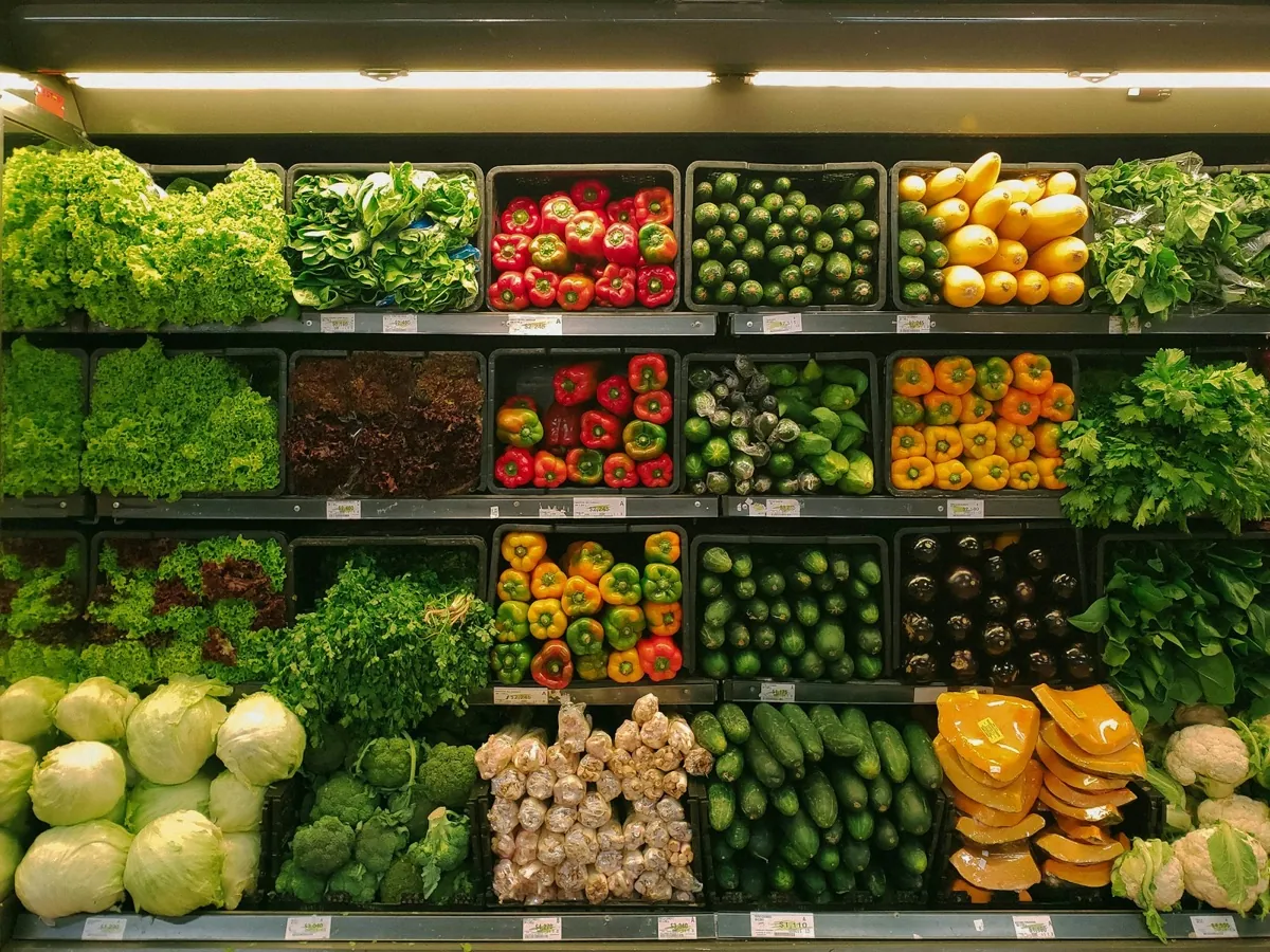 Fresh groceries and produce at a market.